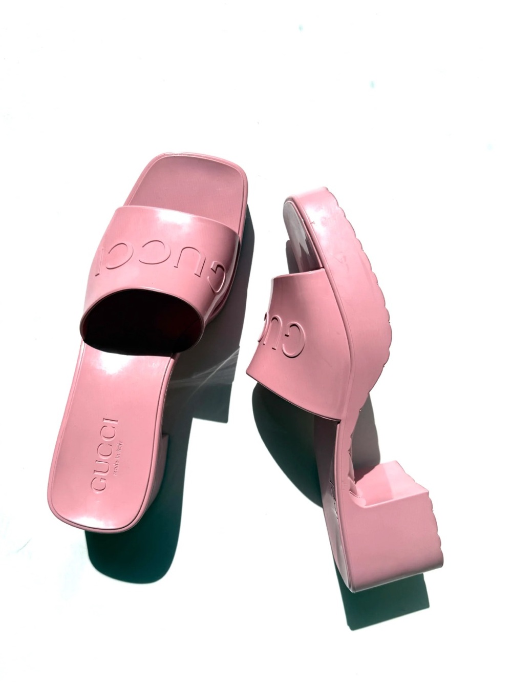 Gucci Rubber size 7 Pink Platform Slide Sandals with Embossed Logo Strap
